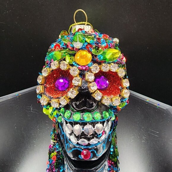 Sugar Skull Ornament Pier 1 Rhinestone Beaded Sequins Retired Halloween Black - Picture 3 of 10
